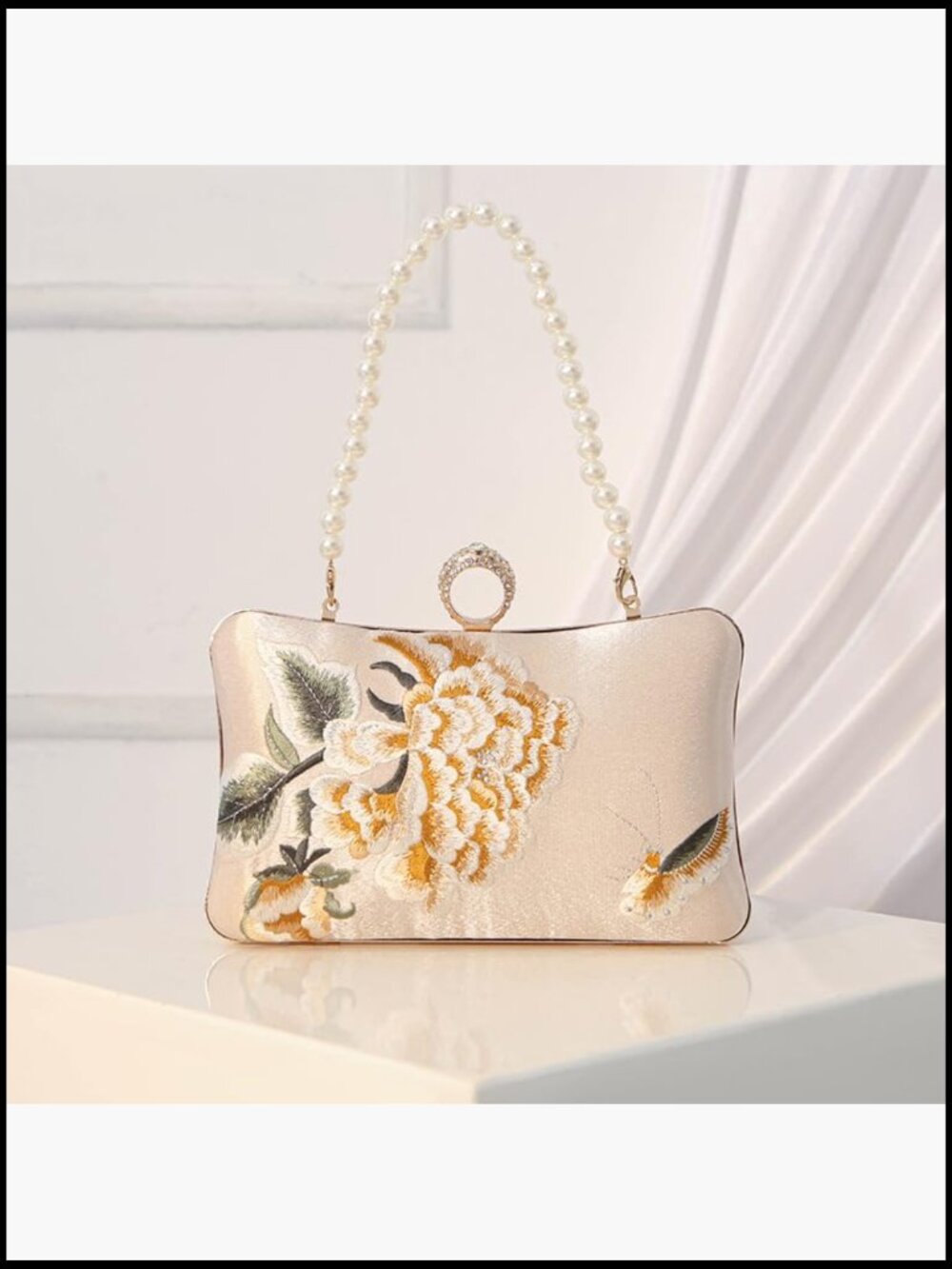 Floral Evening Bag with Pearl Chain Clutch Purse Elegant Banquet Handbag Bride - Picture 6 of 7